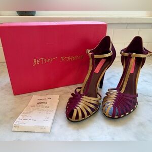 Vintage NWT Betsey Johnson Purple and Gold T-Strap Strappy High Heels